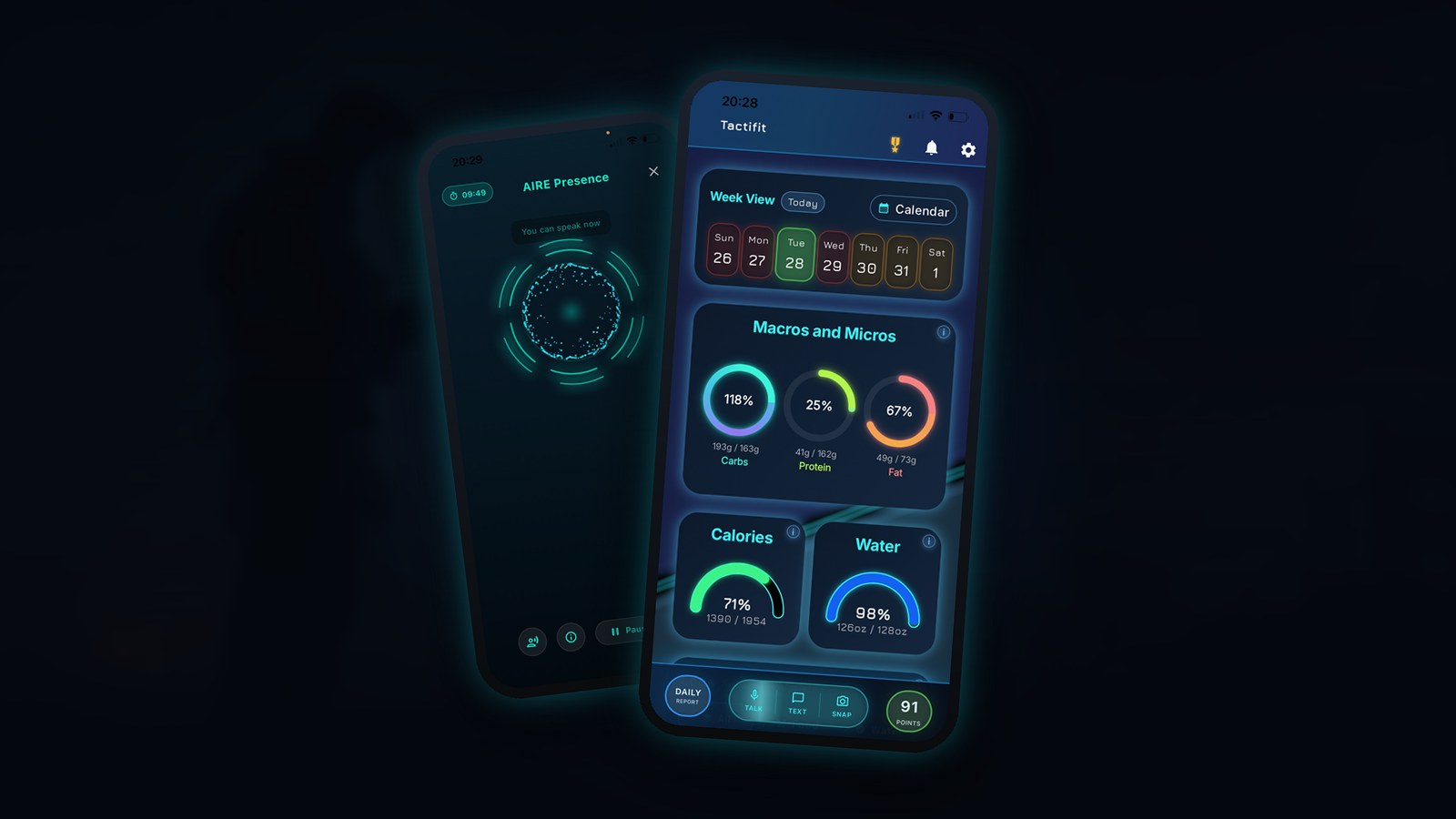 TactiFit app — nutrition dashboard and Coach Aire voice logging
